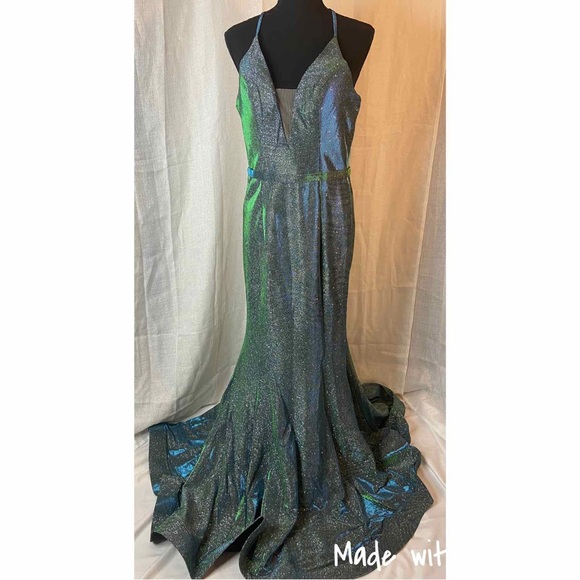 Cindy Metallic Green Long Formal Prom Evening Gown Dress Size L - Picture 4 of 9